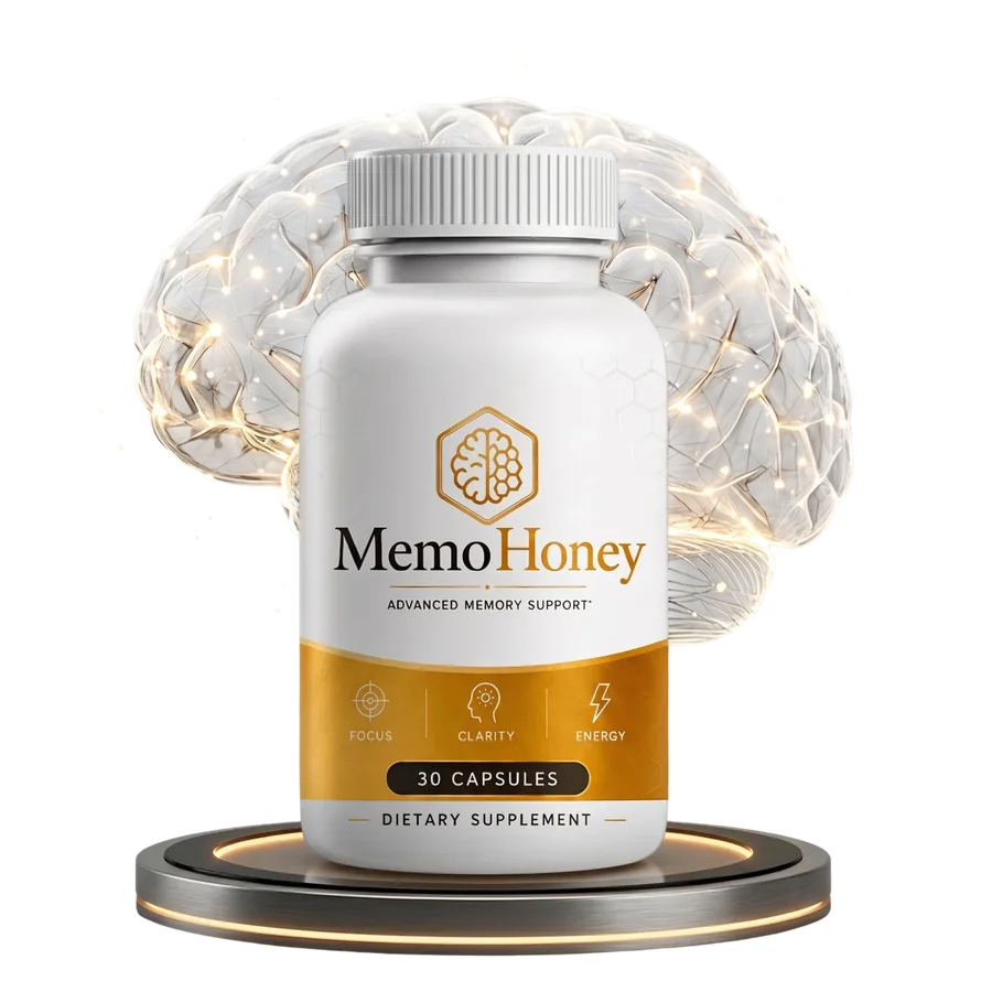 MemoHoney memory and focus supplement bottle, 30 capsules, with glowing brain graphic