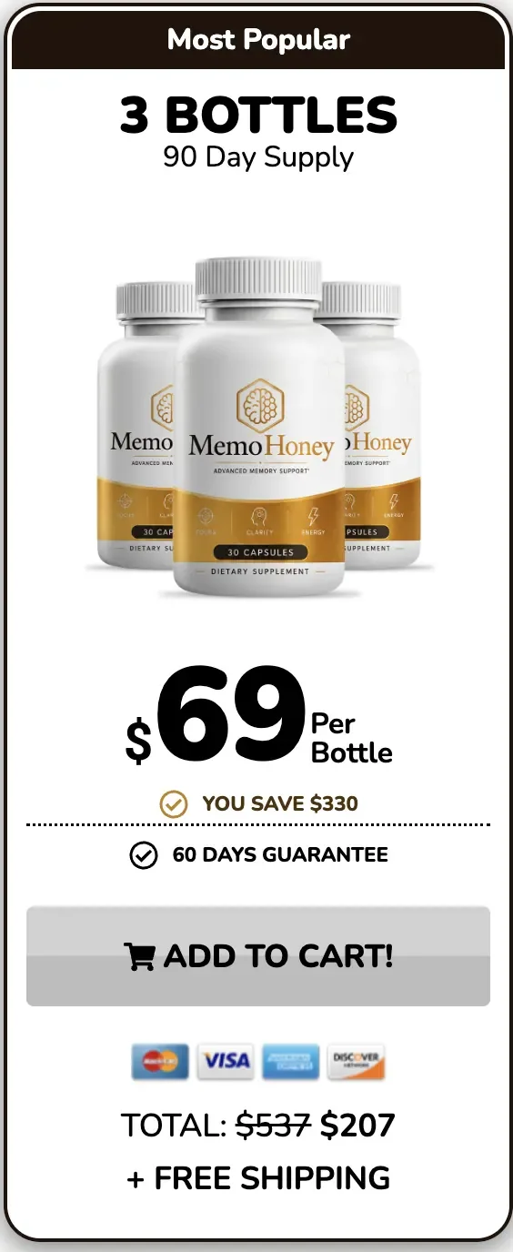MemoHoney 3 bottle package, 90 day supply, $69 per bottle, most popular
