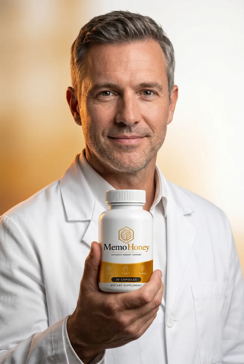 Man holding a bottle of MemoHoney memory support supplement